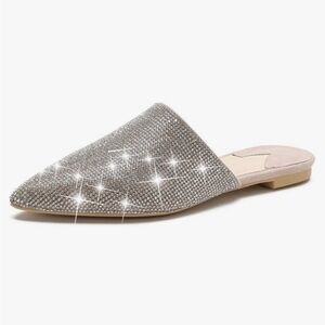 Women's Pointed Toe Mules Slip On Rhinestones Slides Dress Flats